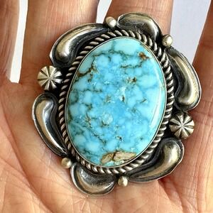 BIG Navajo Turquoise Ring‎ Sz 8 Sterling Silver Signed Jeff James 24g JJJ Native